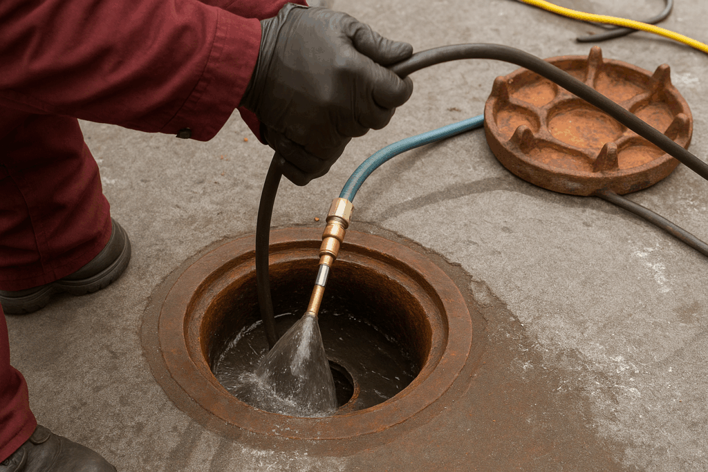 Plumbing contractor performing hydro jetting to clear a blocked sewer line.