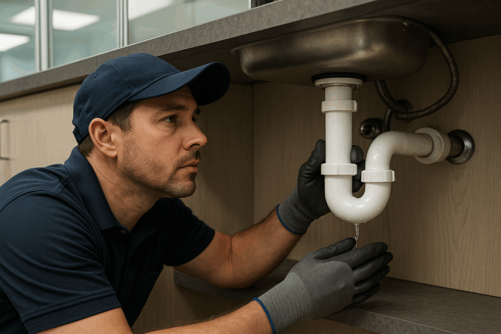 Plumber inspecting a leaking pipe under an office sink