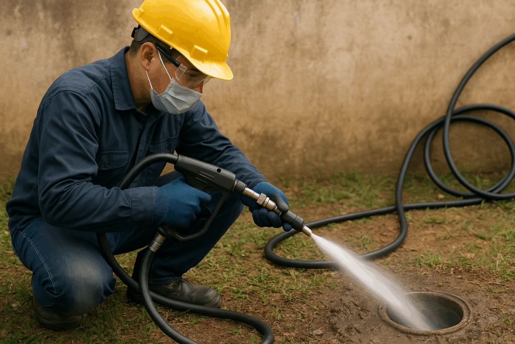 Hydro jetting involves blasting high-pressure water through a clogged drain pipe.