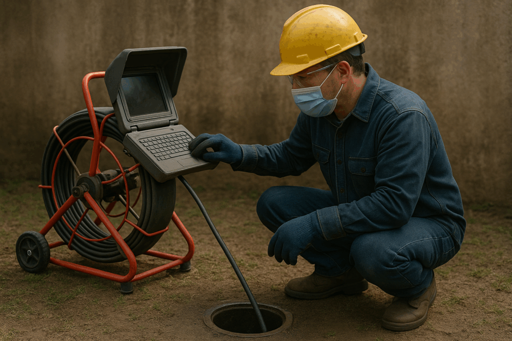 Plumber using video camera inspection before performing hydro jetting service.