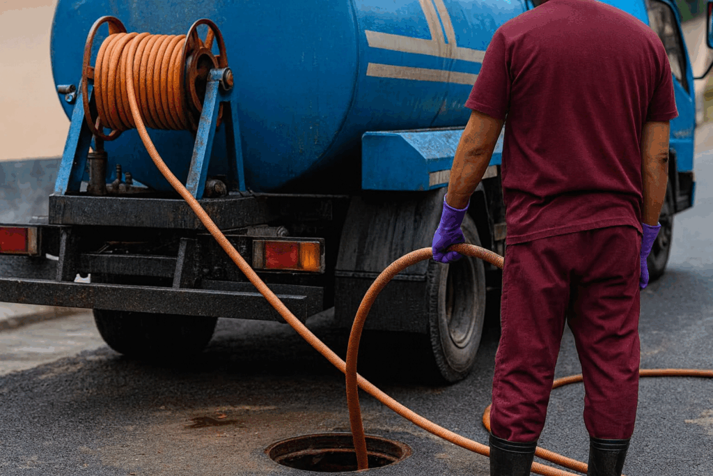 Technician performing hydro jetting to protect sewer pipes.
